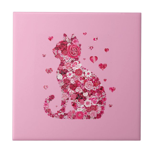 Floral Cat Silhouette ArtFaux Wrapped Canvas Print Ceramic Tile (Front)