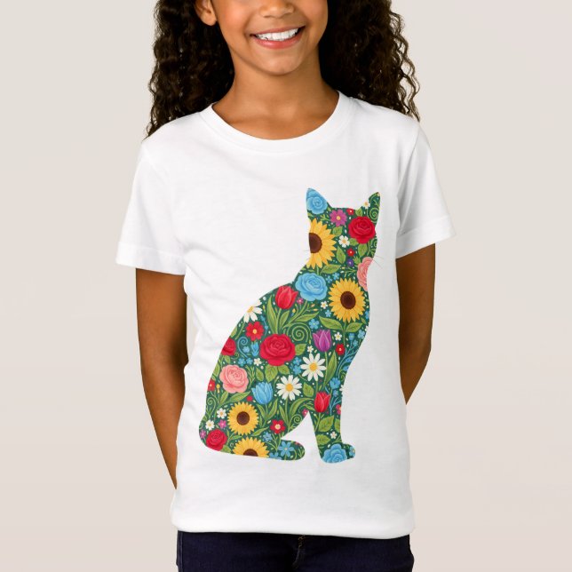 Floral Cat Silhouette Bloom Pattern T-Shirt (Front)