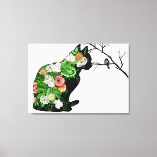Floral Cat Silhouette Canvas Print