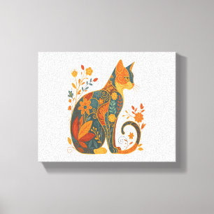 Floral Cat Silhouette – Colorful Vintage Botanical Canvas Print