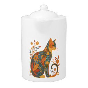 Floral Cat Silhouette � Colorful Vintage Botanical Teapot