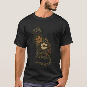 Floral Cat Silhouette — Folk Botanical in Earth To T-Shirt