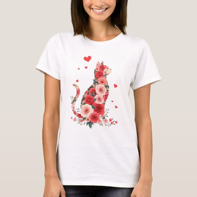 Floral Cat Silhouette Roses Hearts Love T-Shirt (Front)