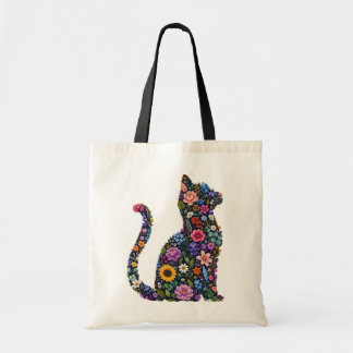 Floral Cat Silhouette Wildflower Garden Tote Bag
