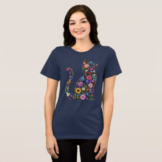 Floral Cat Silhouette Wildflower Garden Tri-Blend Shirt