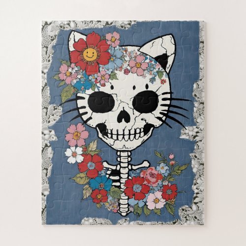 Floral Cat Skeleton with Lace and Denim Jigsaw Puzzle