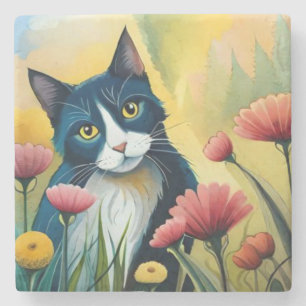 FLoral cat Stone Coaster