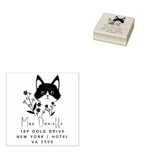 Floral CAT Style Return Address Wooden Rubber Rubber Stamp