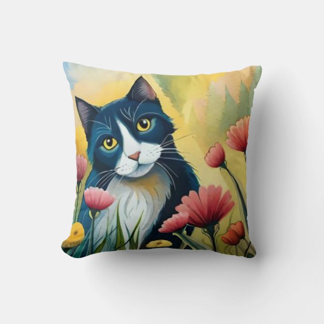 FLoral cat  Throw Pillow (Front)