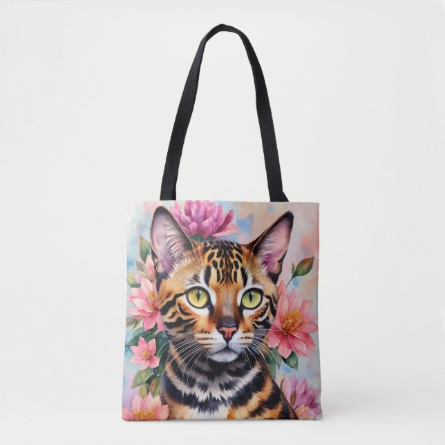 Floral Cat Watercolor Art Tote Bag (Front)