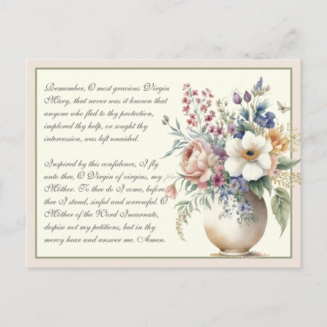 Floral Catholic Memorare Prayer to Virgin Mary Postcard (Front)