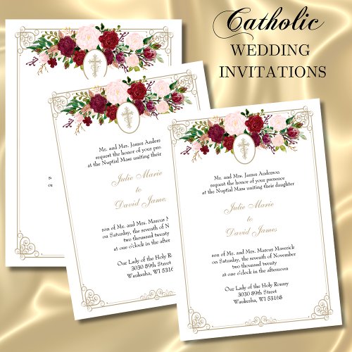 Floral Catholic Religious Wedding Gold Cross Invitation