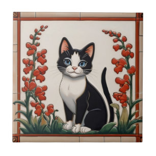Floral Cats - Black & White Cat Red Flower Garden Ceramic Tile