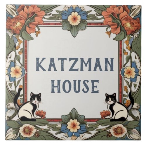 Floral Cats Custom House Name Plate Sign Plaque Ceramic Tile