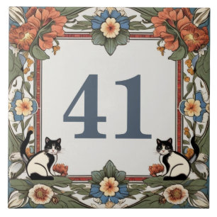 Floral Cats Custom House Number Plate Sign Plaque Ceramic Tile