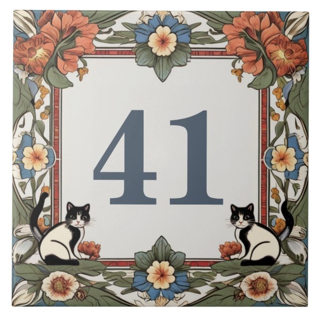 Floral Cats Custom House Number Plate Sign Plaque Ceramic Tile (Front)