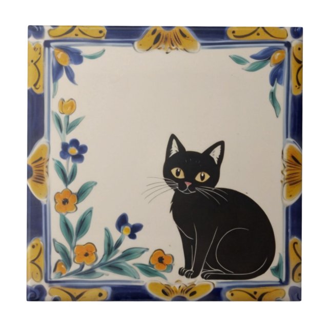 Floral Cats - Cute Black Cat & Orange Flowers Ceramic Tile (Front)