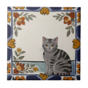 Floral Cats - Grey Tabby Cat & Orange Red Flowers Ceramic Tile