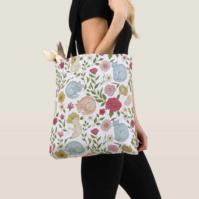 Floral Cats Pattern Reusable Tote Bag (Close Up)