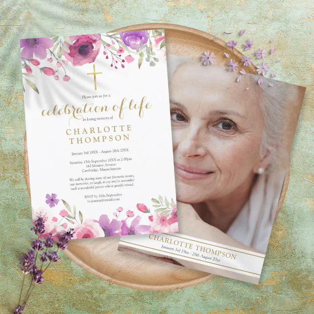 Floral Celebration of Life Christian Funeral Photo Invitation Zazzle(01)