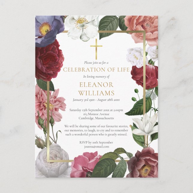 Floral Celebration of Life Gold Cross Funeral Announcement Postcard (Front)