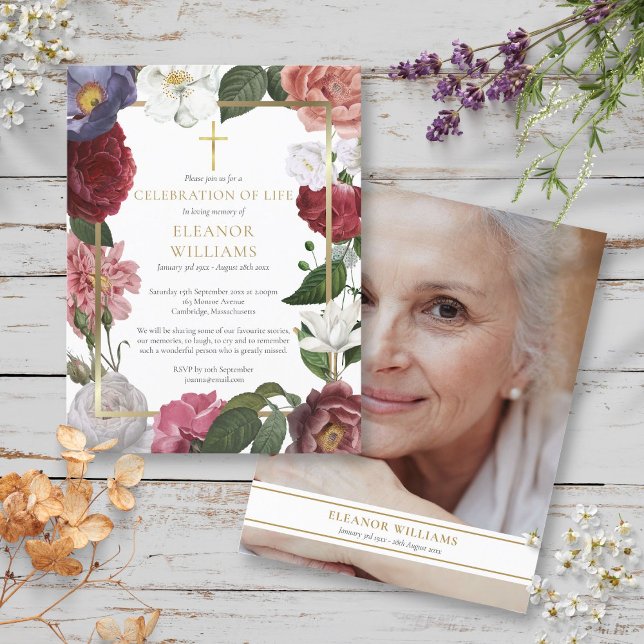 Floral Celebration of Life Gold Cross Photo Announcement Postcard (Floral Celebration of Life Gold Cross Photo Announcement Postcard)