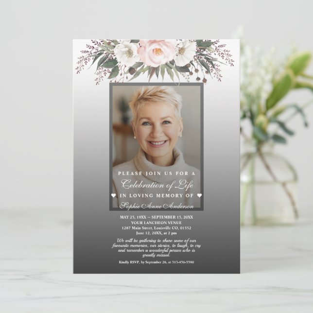 Floral Celebration of Life Photo Funeral Memorial Invitation (Standing Front)