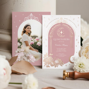 Floral Celestial Moon Star Tiara Quinceanera Photo Foil Invitation