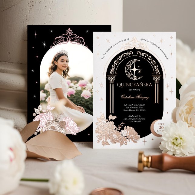 Floral Celestial Moon Star Tiara Quinceanera Photo Foil Invitation (Floral Celestial Moon Star Tiara Quinceanera Photo Foil Invitation)
