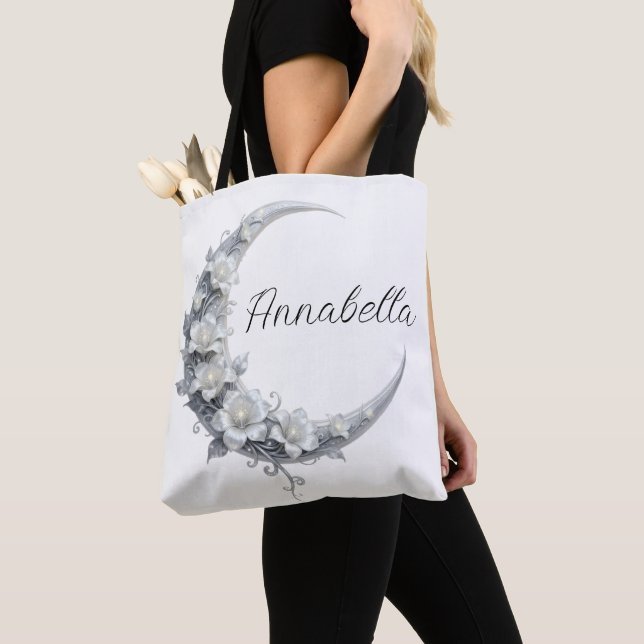Floral Celestial Personalized Moon Goddess Name Tote Bag (Close Up)