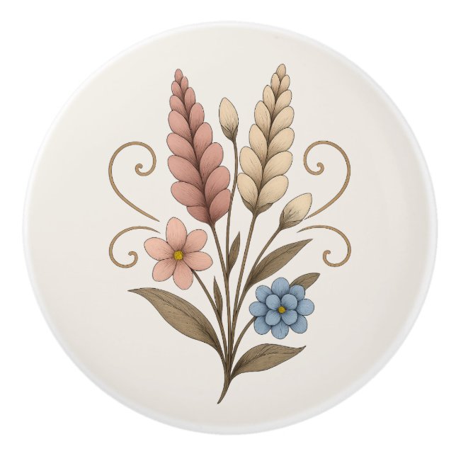 Floral Ceramic cabinet knobs peach and cream (Front)