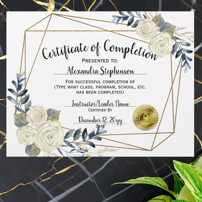 Floral Certificate of Completion, Customize 8.5x11 (certificate of completion)
