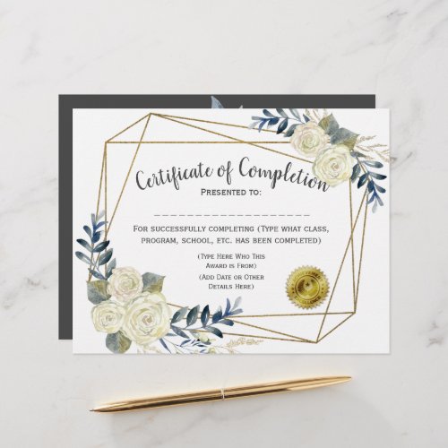 Floral Certificate of Completion Customize 85x11