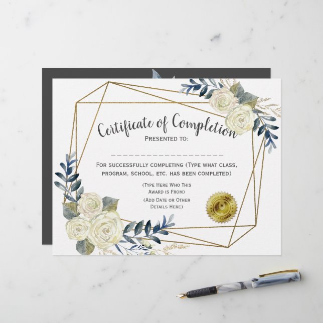 Floral Certificate of Completion, Customize 8.5x11 (Front/Back In Situ)