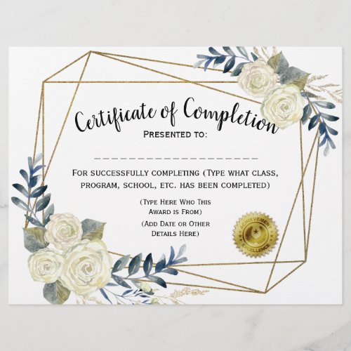 Floral Certificate of Completion Customize 85x11