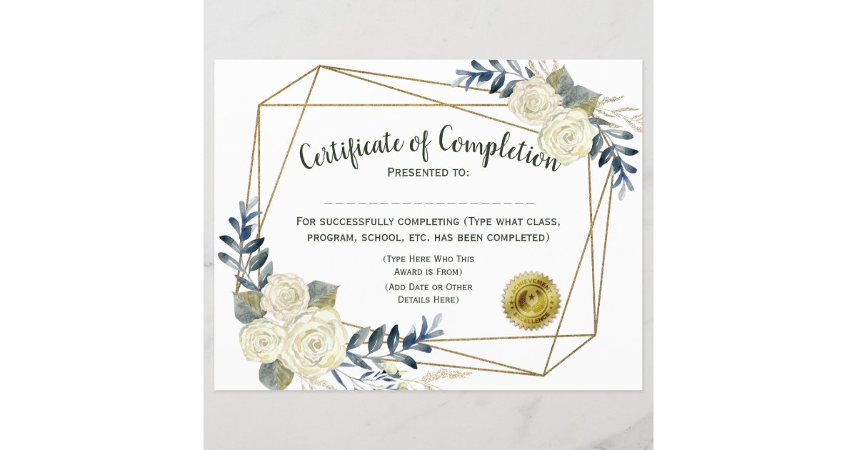Floral Certificate Of Completion Customize 8 5x11 Zazzle Com