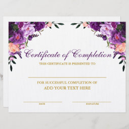 Floral Certificate of Completion Purple Gold | Zazzle