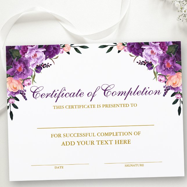 Floral Certificate of Completion Purple Gold (Customize to change text size, text style or text color.)