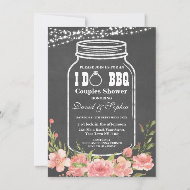 Floral Chalk String Lights Mason Jar I DO BBQ Invitation (Front)