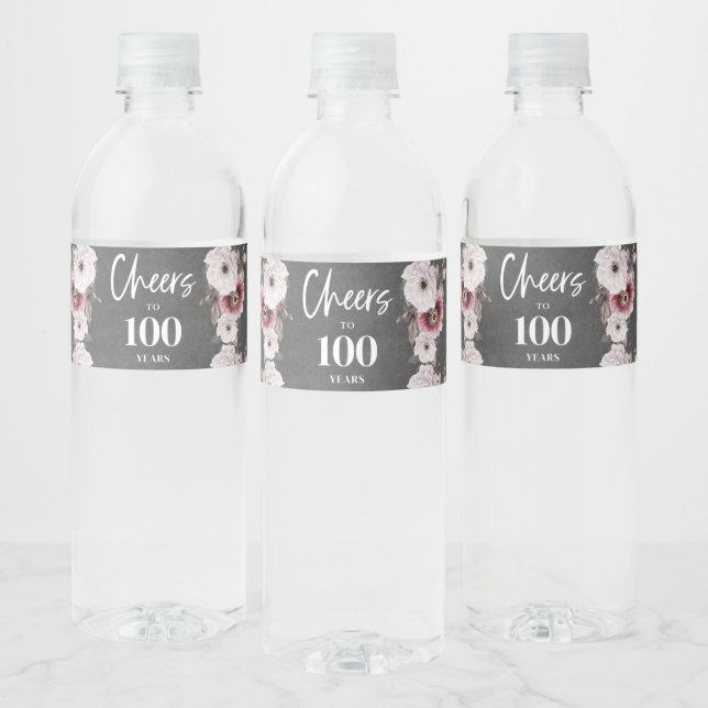  Floral Chalkboard Cheers to 100th Birthday  Water Bottle Label (Bottles)