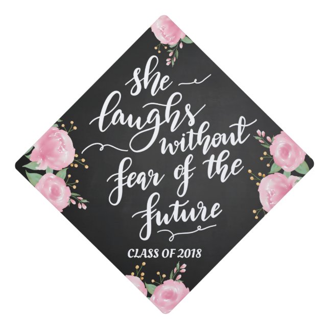 Floral Chalkboard Graduate | She Laughs Script Graduation Cap Topper (Front)