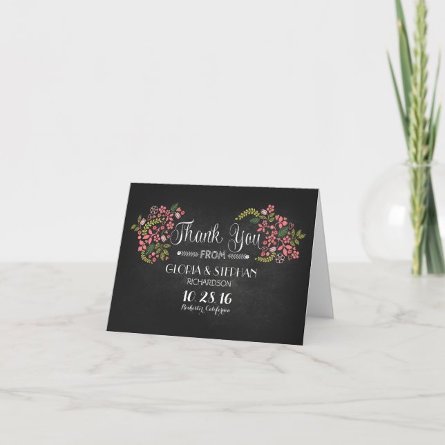 Floral chalkboard modern wedding thank you cards (Front)