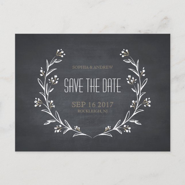 Floral chalkboard rustic wedding save the date announcement postcard (Front)