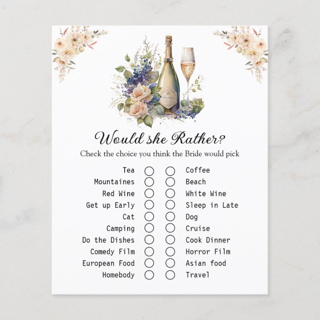 Floral  Champagne Bridal Shower Game Card (Front)