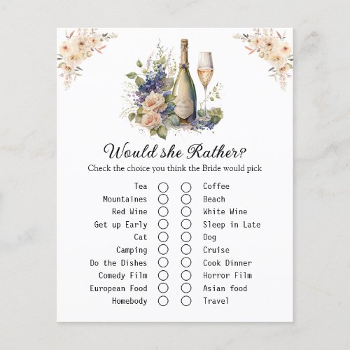 Floral  Champagne Bridal Shower Game Card