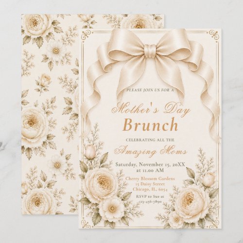 Floral Champagne Coquette Bow Mother's Day Brunch Invitation
