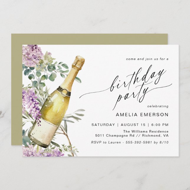 Floral Champagne Cute Fun Any Age Womens Birthday Invitation (Front/Back)