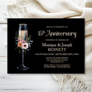 Floral Champagne Glass 15th Wedding Anniversary Invitation