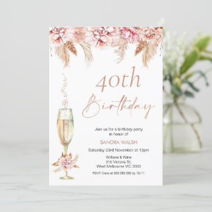 Floral Champagne Glass Boho Pampas Birthday  Invitation