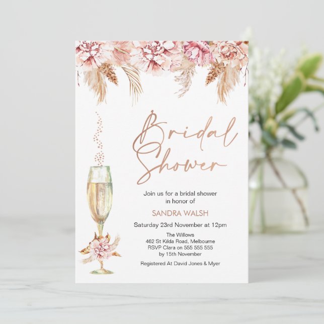 Floral Champagne Glass Boho Pampas Bridal Shower Invitation (Standing Front)
